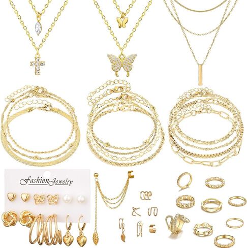 36 Pieces Gold Jewelry Set Fashion Gold Plated Necklaces Snake Rings Bracelets Earrings Set Anniversary Birthday Jewelry Gift for Women in Kuwait