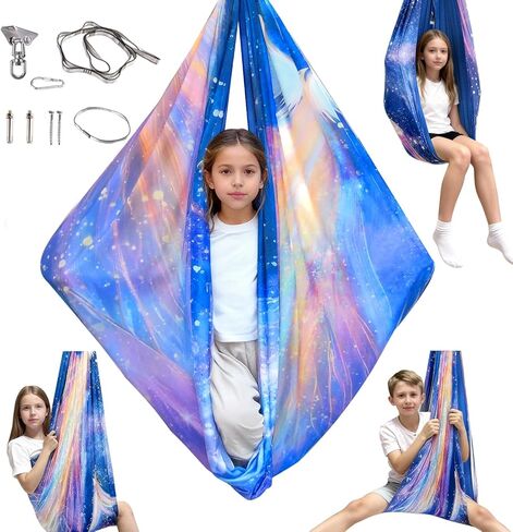 Sensory Swing for Kids & Adults with 360° Swivel Hanger Kit, Double Layer Elastic Therapy Swing Holds up to 300lbs for Autism, ADHD,Aspergers, and SPD (Blue Sky Star) in Saudi Arabia