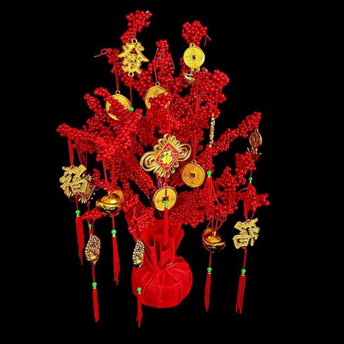 Artificial Money Fortune Tree -19.7inch, 2026 Spring Festival Lunar New Year Fortune Tree with Wealth Coins, Ingot, Fu, Knot for Asian Chinese Japan Vietnamese Horse New Year Decorations in Saudi Arabia