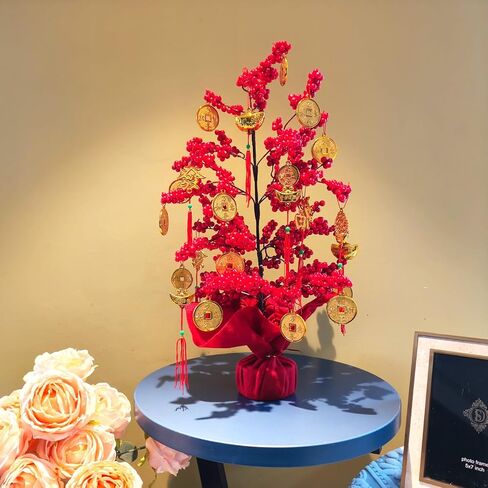 Artificial Money Fortune Tree -19.7inch, 2026 Spring Festival Lunar New Year Fortune Tree with Wealth Coins, Ingot, Fu, Knot for Asian Chinese Japan Vietnamese Horse New Year Decorations in Saudi Arabia