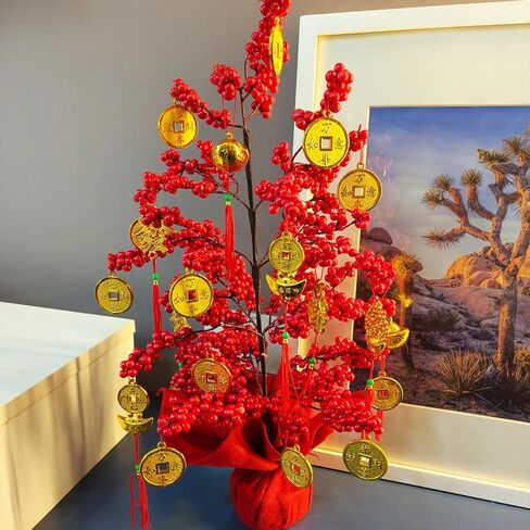 Artificial Money Fortune Tree -19.7inch, 2026 Spring Festival Lunar New Year Fortune Tree with Wealth Coins, Ingot, Fu, Knot for Asian Chinese Japan Vietnamese Horse New Year Decorations in Saudi Arabia