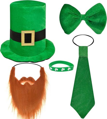 St Patricks Day Leprechaun Costume -5Pcs Saint Patricks Day Accessories Leprechaun Hat Irish Green Top Hat Beard and Shamrock Bracelet Necktie Bow Tie St Patty'S Day Leprechaun Costume for Women Men in Saudi Arabia
