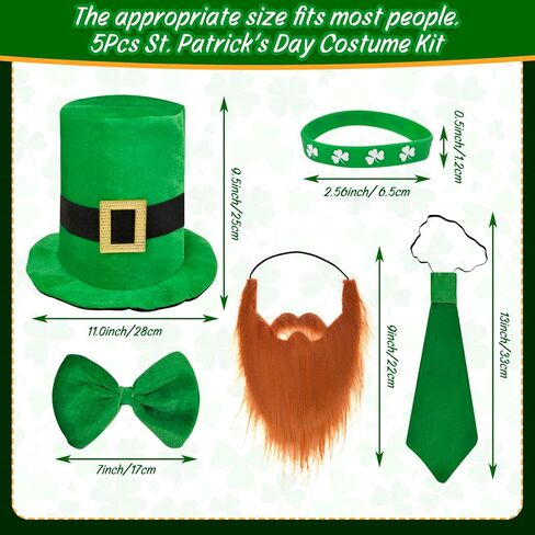 St Patricks Day Leprechaun Costume -5Pcs Saint Patricks Day Accessories Leprechaun Hat Irish Green Top Hat Beard and Shamrock Bracelet Necktie Bow Tie St Patty'S Day Leprechaun Costume for Women Men in Saudi Arabia