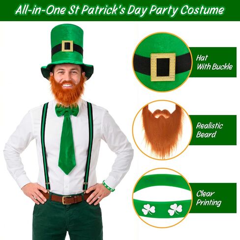 St Patricks Day Leprechaun Costume -5Pcs Saint Patricks Day Accessories Leprechaun Hat Irish Green Top Hat Beard and Shamrock Bracelet Necktie Bow Tie St Patty'S Day Leprechaun Costume for Women Men in Saudi Arabia