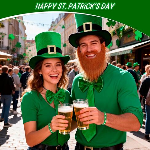 St Patricks Day Leprechaun Costume -5Pcs Saint Patricks Day Accessories Leprechaun Hat Irish Green Top Hat Beard and Shamrock Bracelet Necktie Bow Tie St Patty'S Day Leprechaun Costume for Women Men in Saudi Arabia