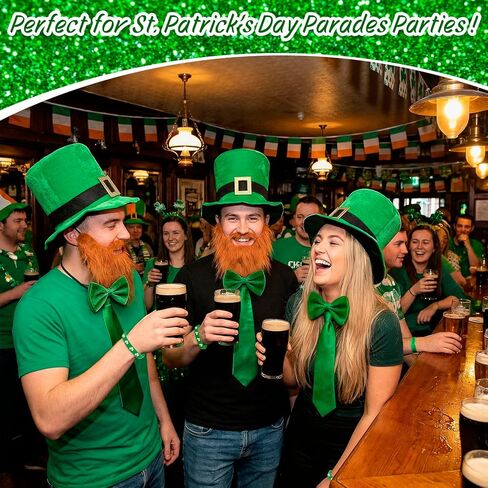 St Patricks Day Leprechaun Costume -5Pcs Saint Patricks Day Accessories Leprechaun Hat Irish Green Top Hat Beard and Shamrock Bracelet Necktie Bow Tie St Patty'S Day Leprechaun Costume for Women Men in Saudi Arabia