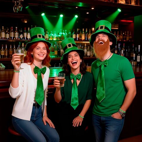 St Patricks Day Leprechaun Costume -5Pcs Saint Patricks Day Accessories Leprechaun Hat Irish Green Top Hat Beard and Shamrock Bracelet Necktie Bow Tie St Patty'S Day Leprechaun Costume for Women Men in Saudi Arabia
