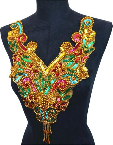 زين مطرز، DIY Crafts3D التطريز التصحيح، طوق مطرزة التطريز زين، قوس قزح الذهب الترتر الخرز النسيج طوق يزين خياطة على التصحيح in Kuwait