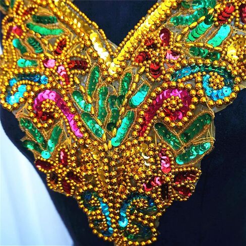 زين مطرز، DIY Crafts3D التطريز التصحيح، طوق مطرزة التطريز زين، قوس قزح الذهب الترتر الخرز النسيج طوق يزين خياطة على التصحيح in Kuwait