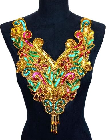 زين مطرز، DIY Crafts3D التطريز التصحيح، طوق مطرزة التطريز زين، قوس قزح الذهب الترتر الخرز النسيج طوق يزين خياطة على التصحيح in Kuwait