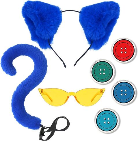 Blue Cat Costume Accessory Set for Adults, Cat Ear Headband, Tail, Glasses & Colorful Badge Pins for Storybook Character Cosplay, Halloween, and Party Outfits in Saudi Arabia