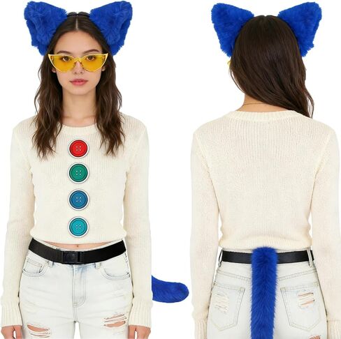 Blue Cat Costume Accessory Set for Adults, Cat Ear Headband, Tail, Glasses & Colorful Badge Pins for Storybook Character Cosplay, Halloween, and Party Outfits in Saudi Arabia
