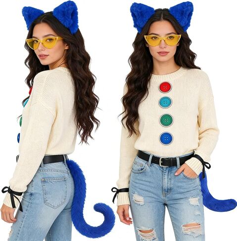 Blue Cat Costume Accessory Set for Adults, Cat Ear Headband, Tail, Glasses & Colorful Badge Pins for Storybook Character Cosplay, Halloween, and Party Outfits in Saudi Arabia