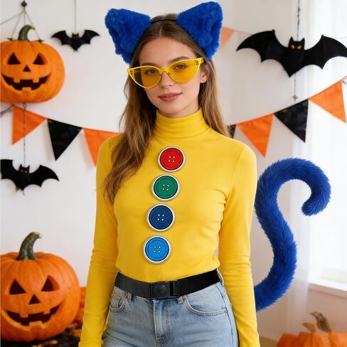 Blue Cat Costume Accessory Set for Adults, Cat Ear Headband, Tail, Glasses & Colorful Badge Pins for Storybook Character Cosplay, Halloween, and Party Outfits in Saudi Arabia