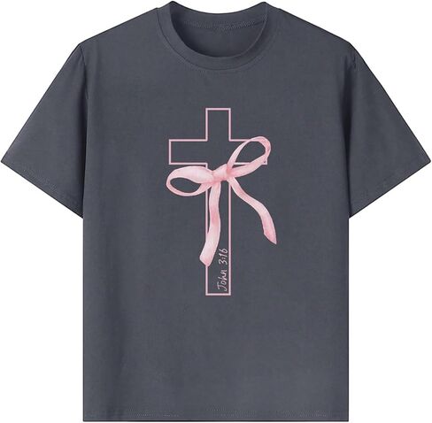 Girl's Bowknot Cross Graphic Tees Crew Neck Short Sleeve T Shirts Streetwear Tops in Saudi Arabia