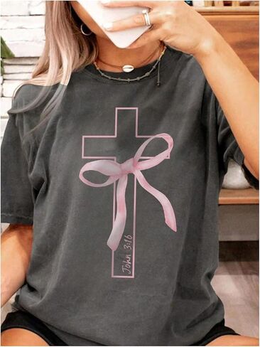 Girl's Bowknot Cross Graphic Tees Crew Neck Short Sleeve T Shirts Streetwear Tops in Saudi Arabia