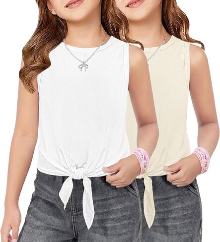 Arshiner 2 Pack Girls Tank Tops Summer Tie Knot Ribbed Knit Sleeveless Crewneck Casual Shirts in Saudi Arabia