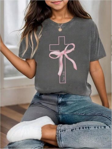 Girl's Bowknot Cross Graphic Tees Crew Neck Short Sleeve T Shirts Streetwear Tops in Saudi Arabia