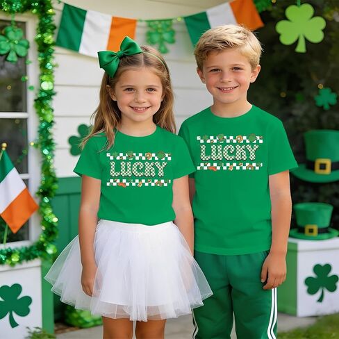 Toddler St Patricks Day Shirt Kids Girls Boys Lucky Clover Shamrock T-Shirt Checkered Irish Lucky Short Sleeve Tee Top in Saudi Arabia