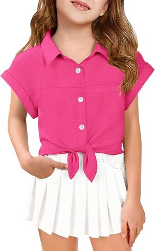 Haloumoning Girls Button Down Shirts Kids Short Sleeve Chiffon Blouses Textured Summer T Shirts Crop Top 5-14Y in Saudi Arabia