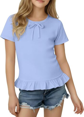 Girls' Short Sleeve Shirts Kids Casual Crew Neck Tunic Tops Bow Ruffle T Shirts Summer Cute Loose Tee 5-14Y in Saudi Arabia