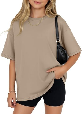 Girls T Shirts Oversized Short Sleeve Baggy Crew Neck Workout Tops Loose Kid Basic Tees for Teen Summer Trendy in Saudi Arabia