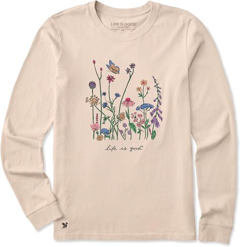 Life is Good. Women's Realaxed Wildflowers Long Sleeve Crusher Tee, Birch White in Saudi Arabia