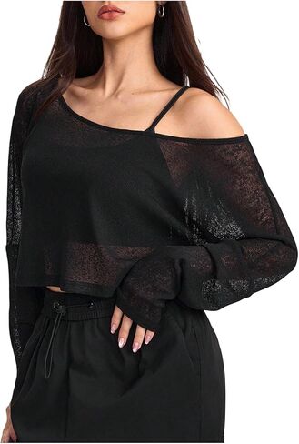 SweatyRocks Women's Sheer Loose Long Sleeve Workout Shirts Off The Shoulder Gym Crop Tops in Saudi Arabia