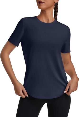 قمصان للتمرين للسيدات قمصان فضفاضة بأكمام قصيرة ورقبة دائرية وقمصان رياضية أساسية لليوجا in Kuwait