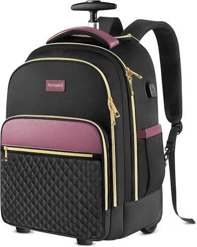 Arcoyard Rolling Backpack Carry On Luggage For Adults With Wheels, 45L Wheeled Backpack For Women, Travel Roller Backpack, Rolling Bookbag for Girls Boys, Black Gold in Saudi Arabia