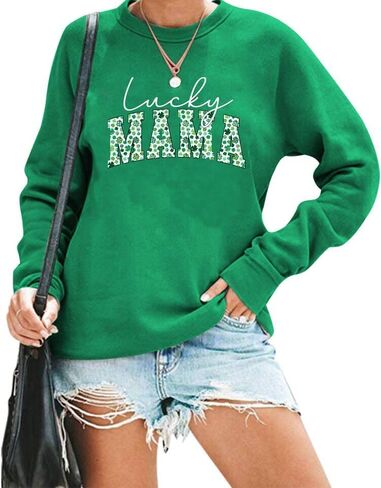 HAJIEXY St Patricks Day Sweatshirt Women Lucky Mama Pullover Irish Clover Shamrock Casual Long Sleeve Mom Gift Tops in Saudi Arabia