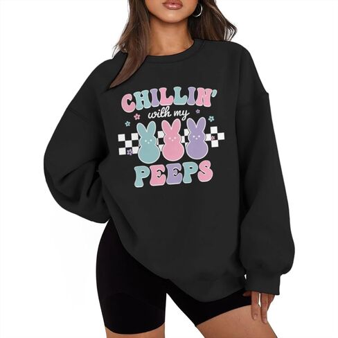 Easter Bunny Chillin With My Peeps Sweatshirts for Women Oversized Graphic Pullovers Long Sleeve Crew Neck Tops in Saudi Arabia