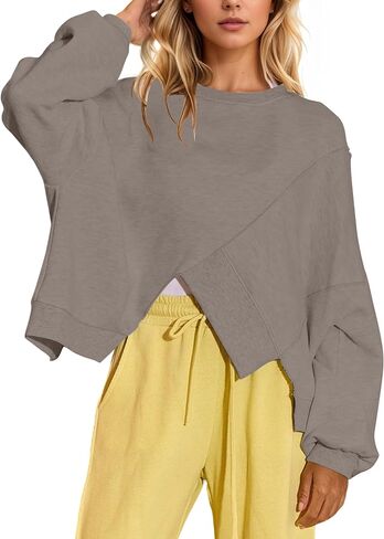 MISSACTIVER Women’s Crew Neck Cropped Sweatshirt Oversized Long Sleeve Ribbed Pullover Top Asymmetrical Hem Fall Outfit in Saudi Arabia