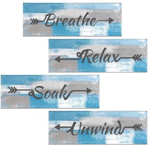 Lnond 4 Pieces Yellow and Grey Abstract Bathroom Wall Art, Relax Soak Unwind Breathe Signs Decor, Wood Hanging Wall Art for Bathroom Spa Room (12 x 4 Inch) in Saudi Arabia