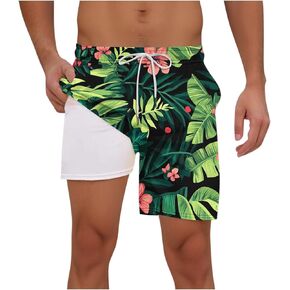 Mens Swim Trunks with Compression Liner 7 Inch Beach Shorts Pockets Boho Quick Dry Graphic Drawsting 2 in 1 Shorts in Kuwait