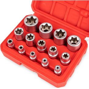 مجموعة مقابس E-Torx مكونة من 14 قطعة، مقابس Torx Star خارجية ممتازة - محرك 1/4 بوصة 3/8 بوصة 1/2 بوصة E4-E24، طقم مقبس عزم الدوران النهائي، حقيبة تخزين متضمنة لإصلاح وصيانة السيارات in Kuwait