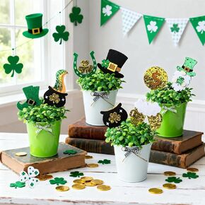 St. Patrick’s Day Table Centerpiece Decorations, 4PCS Artificial Shamrock Plants in Metal Buckets with Felt Gnome & Shamrock Picks, Mini Farmhouse Decor for Home Kitchen Mantel Tiered Tray Office Desk in Saudi Arabia
