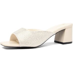 NEWBELLA Women's Crystal Embellished Sandals - Square Toe Slip-on with Chunky Mid Heel, Comfortable Heeled Mule Slides for Daily Wear & Office in Kuwait