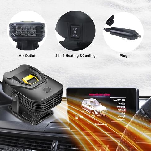 سخانات السيارة 12 فولت للمركبة 2 في 1 سخان السيارة المحمول مع سخان الزجاج الأمامي لإزالة الصقيع بدوران 360 درجة والذي يتم توصيله بولاعة السجائر للشاحنات وسيارات الدفع الرباعي (أسود) in Kuwait