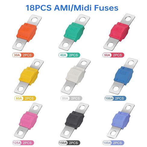 مجموعة متنوعة من الصمامات AMI/Midi 18 قطعة من TSV، 12 فولت - 58 فولت صمامات عالية التيار مطلية بالنحاس لسيارة شاحنة قارب، 30A، 40A، 50A، 60A، 80A، 100A، 125A، 150A، 175A in Kuwait