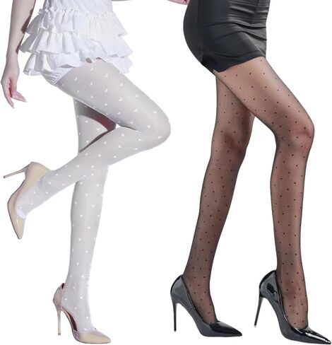 Verdancy 2-Pack Women's 15D Plus Size Sheer Pantyhose Footed Tights, Black Polka Dot & White Heart Patterns in Saudi Arabia
