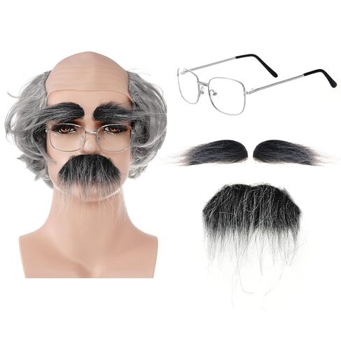 مجموعة زي شعر مستعار وإكسسوارات الرجل العجوز، قبعة أصلع رمادية قصيرة، نظارات شعر مستعار للجد، حواجب شارب مضحكة لمدة 100 يوم من المدرسة، حفلة الهالوين للرجال (رمادي) in Saudi Arabia