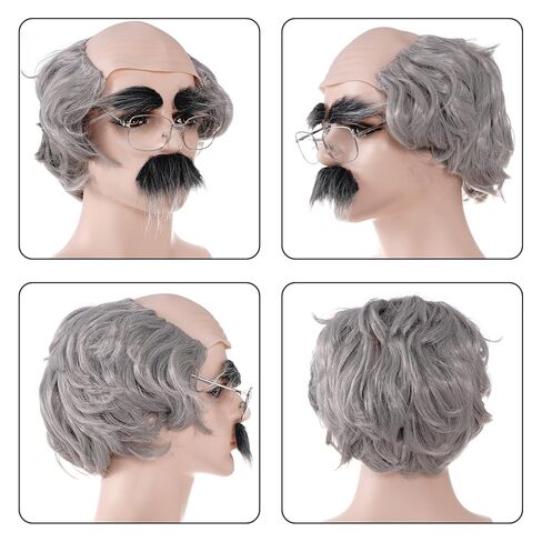 مجموعة زي شعر مستعار وإكسسوارات الرجل العجوز، قبعة أصلع رمادية قصيرة، نظارات شعر مستعار للجد، حواجب شارب مضحكة لمدة 100 يوم من المدرسة، حفلة الهالوين للرجال (رمادي) in Saudi Arabia
