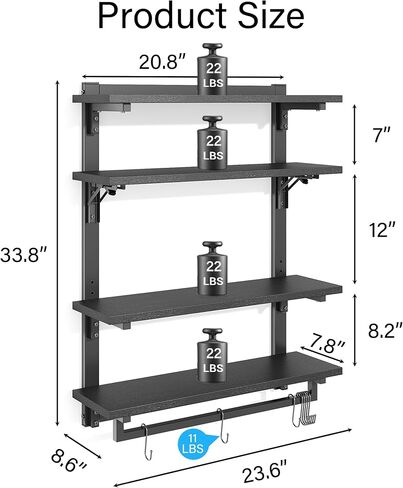 أرفف عائمة للألعاب قابلة للطي مقاس 24 بوصة مع مصابيح LED، ورف عرض من 4 طبقات مع رف قابل للتعديل، ورف مثبت على الحائط مع قضيب تعليق و8 خطافات على شكل حرف S لغرفة الألعاب، باللون الأسود in Kuwait