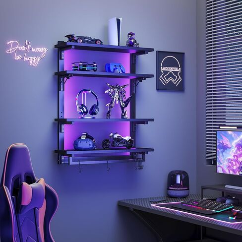 أرفف عائمة للألعاب قابلة للطي مقاس 24 بوصة مع مصابيح LED، ورف عرض من 4 طبقات مع رف قابل للتعديل، ورف مثبت على الحائط مع قضيب تعليق و8 خطافات على شكل حرف S لغرفة الألعاب، باللون الأسود in Kuwait