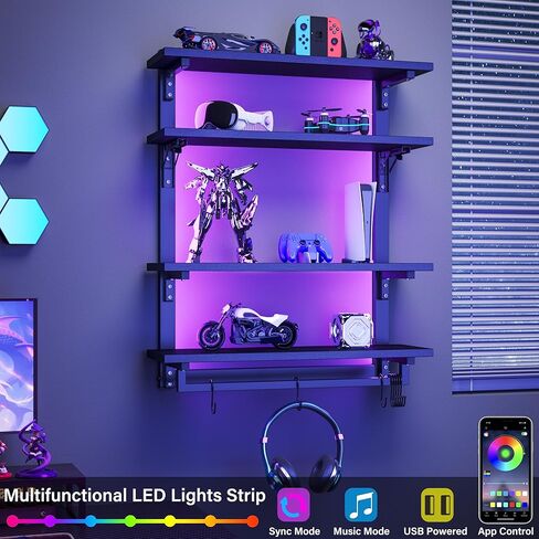 أرفف عائمة للألعاب قابلة للطي مقاس 24 بوصة مع مصابيح LED، ورف عرض من 4 طبقات مع رف قابل للتعديل، ورف مثبت على الحائط مع قضيب تعليق و8 خطافات على شكل حرف S لغرفة الألعاب، باللون الأسود in Kuwait