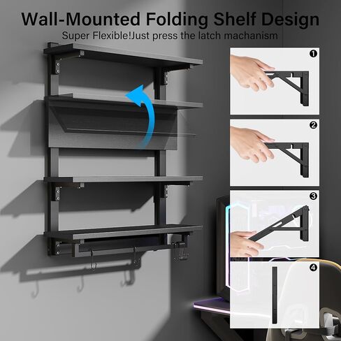 أرفف عائمة للألعاب قابلة للطي مقاس 24 بوصة مع مصابيح LED، ورف عرض من 4 طبقات مع رف قابل للتعديل، ورف مثبت على الحائط مع قضيب تعليق و8 خطافات على شكل حرف S لغرفة الألعاب، باللون الأسود in Kuwait