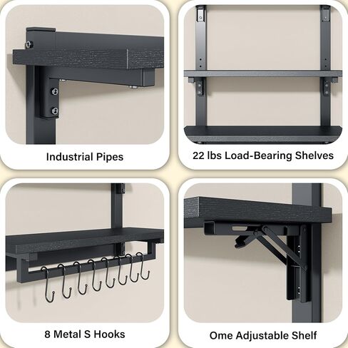 أرفف عائمة للألعاب قابلة للطي مقاس 24 بوصة مع مصابيح LED، ورف عرض من 4 طبقات مع رف قابل للتعديل، ورف مثبت على الحائط مع قضيب تعليق و8 خطافات على شكل حرف S لغرفة الألعاب، باللون الأسود in Kuwait