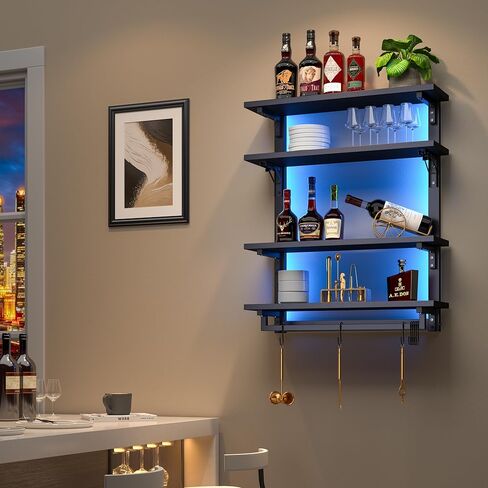 أرفف عائمة للألعاب قابلة للطي مقاس 24 بوصة مع مصابيح LED، ورف عرض من 4 طبقات مع رف قابل للتعديل، ورف مثبت على الحائط مع قضيب تعليق و8 خطافات على شكل حرف S لغرفة الألعاب، باللون الأسود in Kuwait