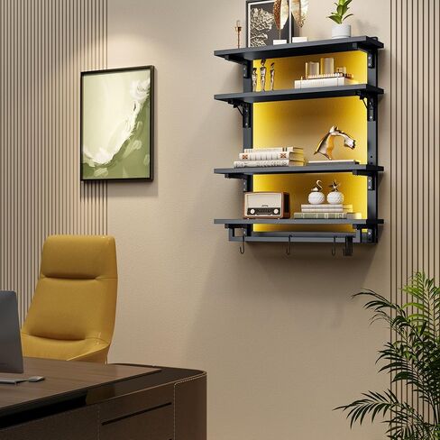 أرفف عائمة للألعاب قابلة للطي مقاس 24 بوصة مع مصابيح LED، ورف عرض من 4 طبقات مع رف قابل للتعديل، ورف مثبت على الحائط مع قضيب تعليق و8 خطافات على شكل حرف S لغرفة الألعاب، باللون الأسود in Kuwait